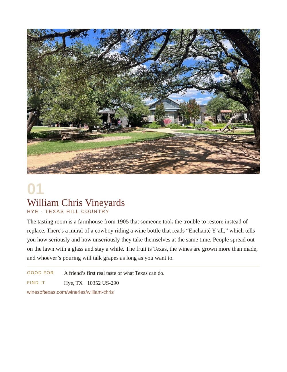 A guide page for William Chris Vineyards showing the restored 1905 farmhouse tasting room and lawn under live oaks, with field notes below.