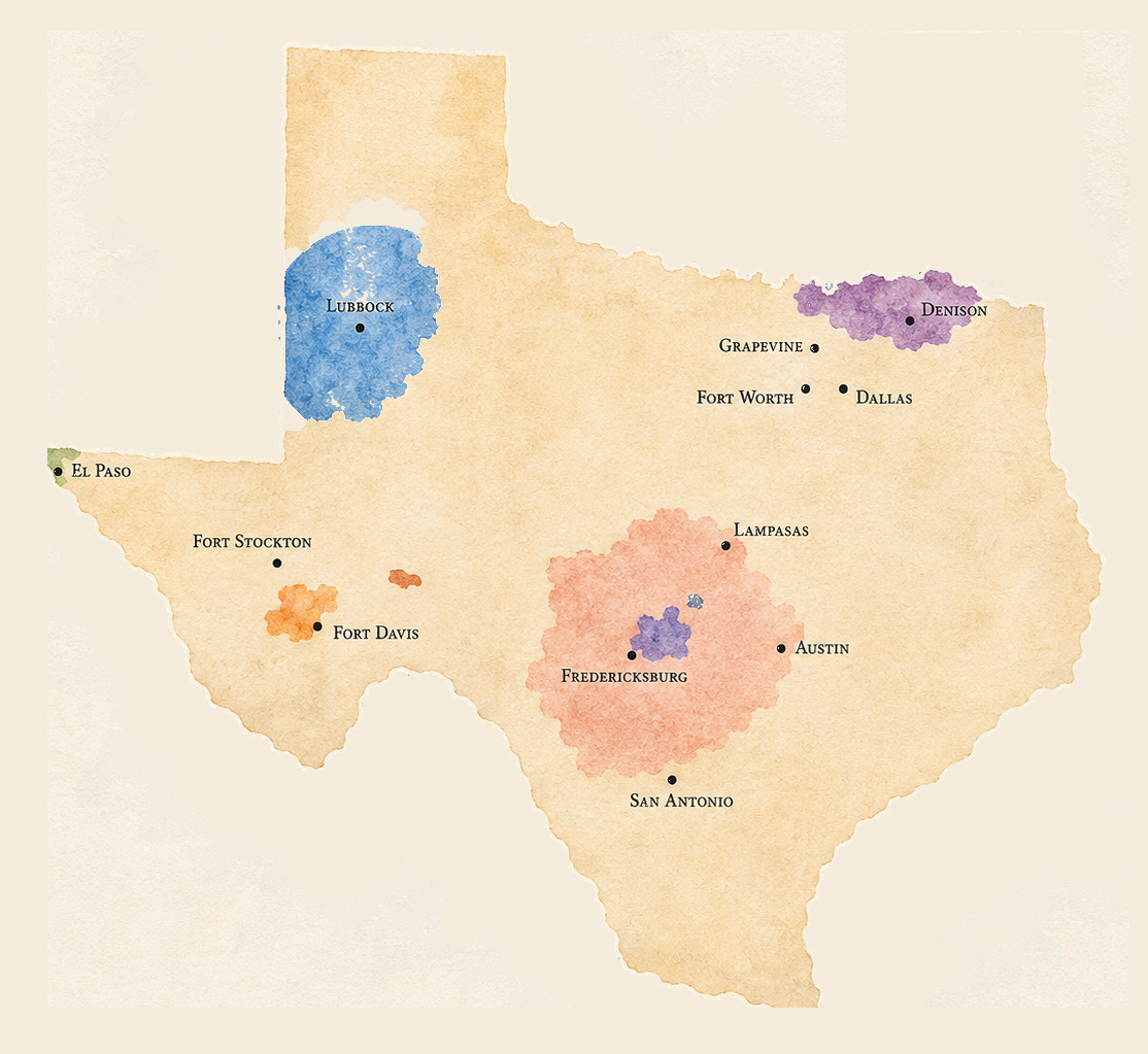 Map of Texas wine regions, locating Texoma