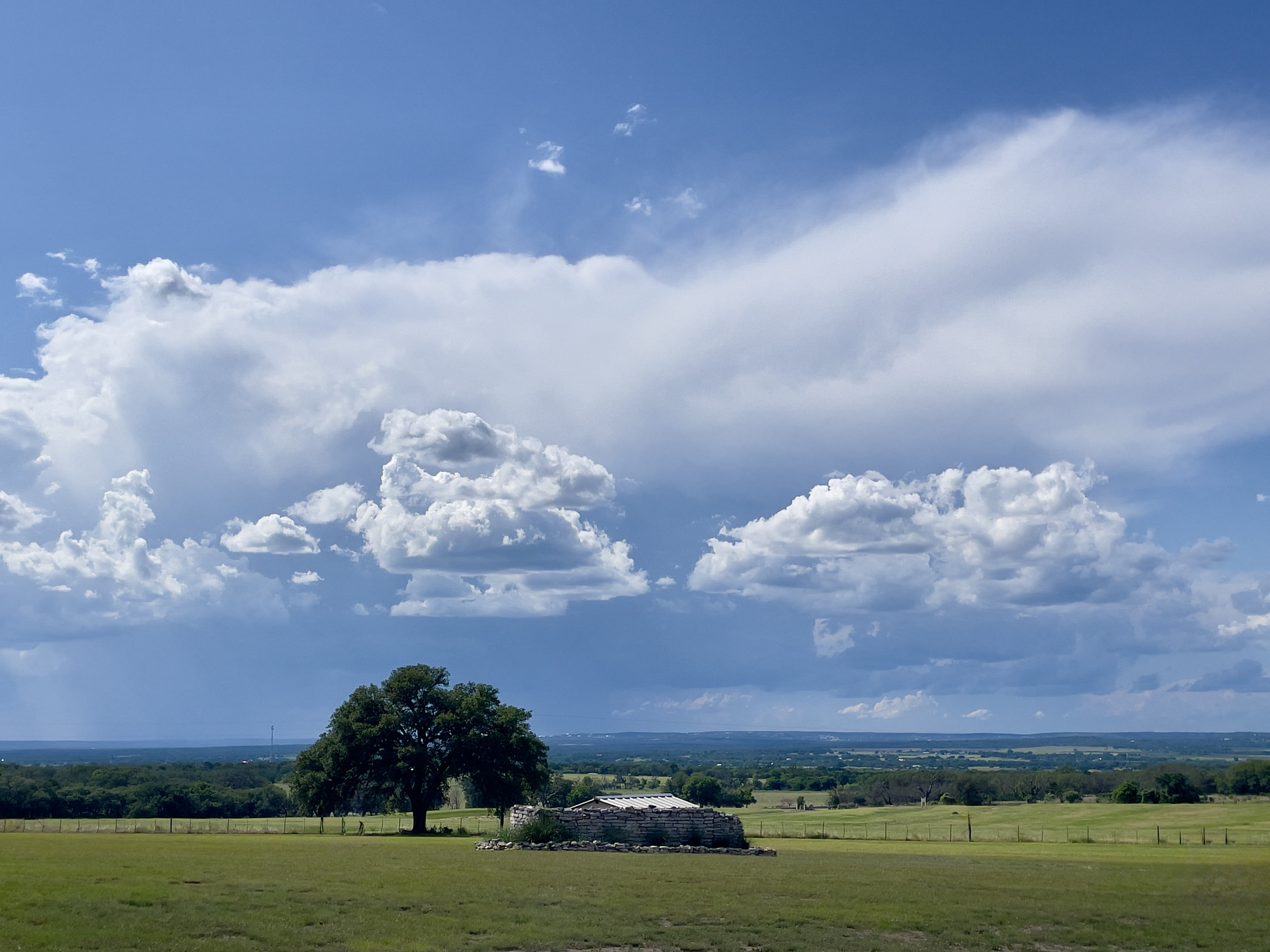 The view you missed on the way up — big-sky day over a lone oak and a dry-stack stone enclosure.
